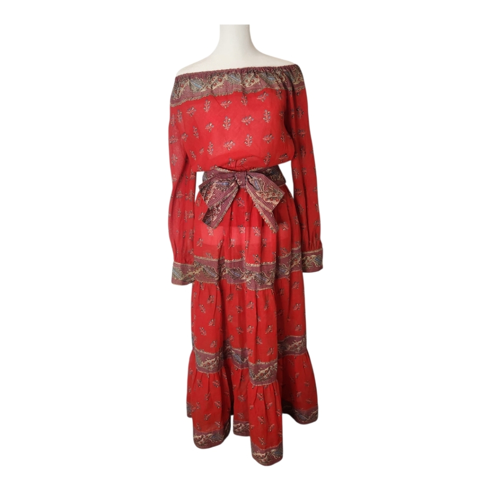 Vintage Pat Sandler 70s Red and Blue‎ 2 Piece Skirt And Blouse Size: 10